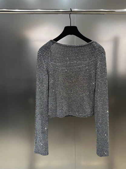 Net red pomelo MM 2023 autumn square collar long sleeve high temperature hot diamond bright shiny slim slim all-match shirt