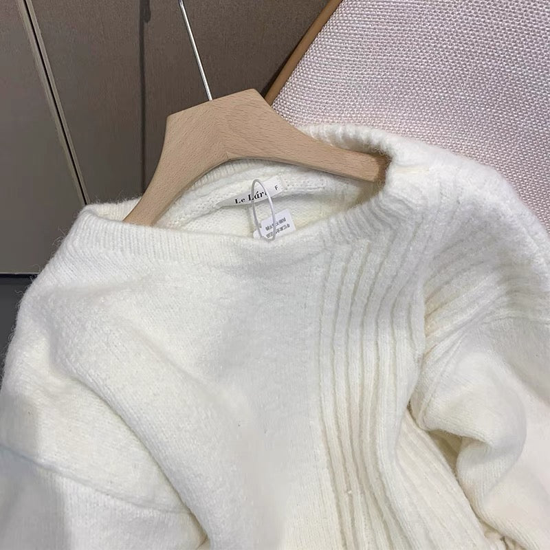 Korean style lazy style white round neck sweater for women autumn and winter design niche fashionable personality tassel sweater top