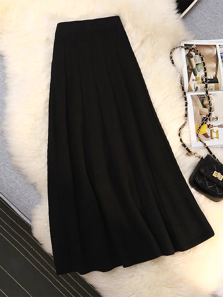 Knitted skirt for women in autumn and winter with sweater, high-waisted umbrella skirt, pleated skirt, mid-length woolen skirt, a-line long skirt, trendy