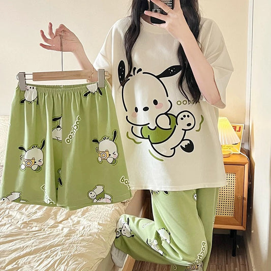 (Pajamas women's short-sleeved trousers summer cotton thin junior high school students 13 girls big children cartoon cute three-piece set