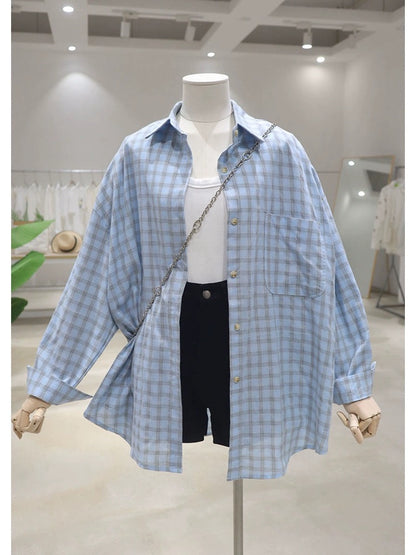 Skin-colored, thin and breathable 2024 summer loose and slim medium-length cotton long-sleeved sun-proof plaid shirt for women