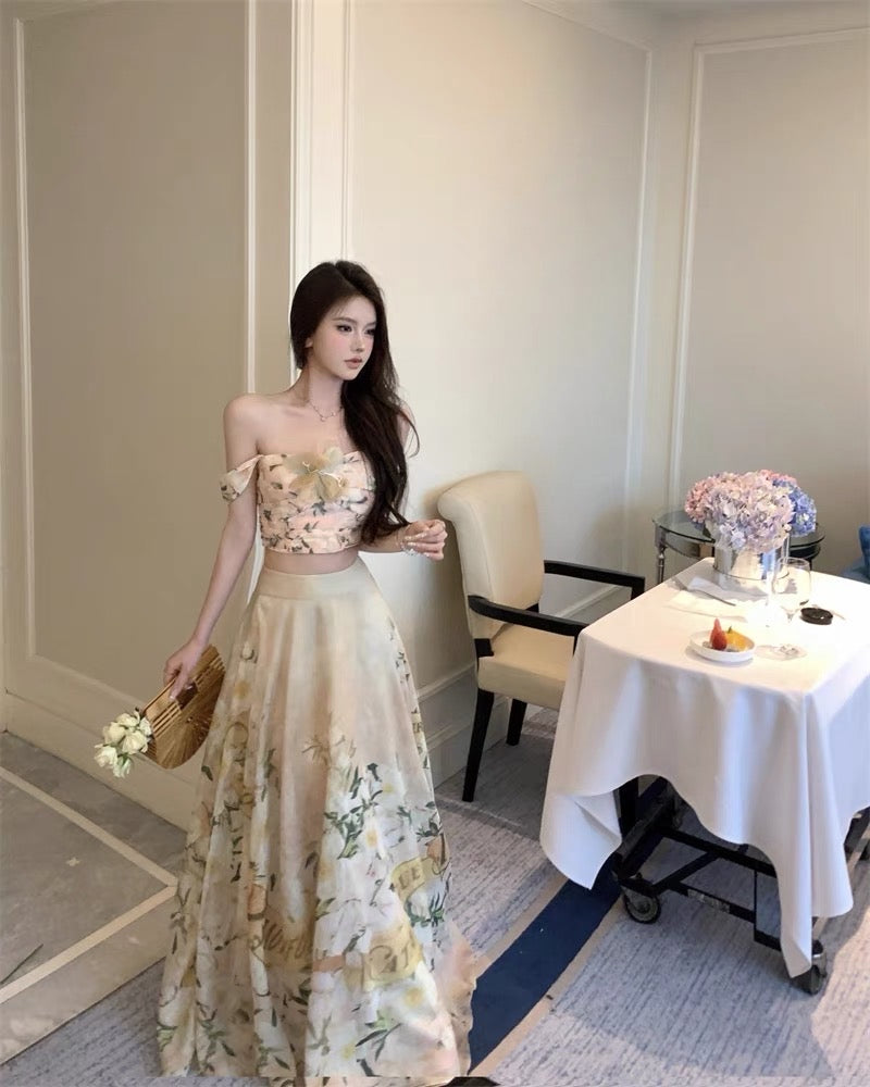 French suit temperament camisole top women's summer seaside vacation two-piece high-quality skirt long skirt