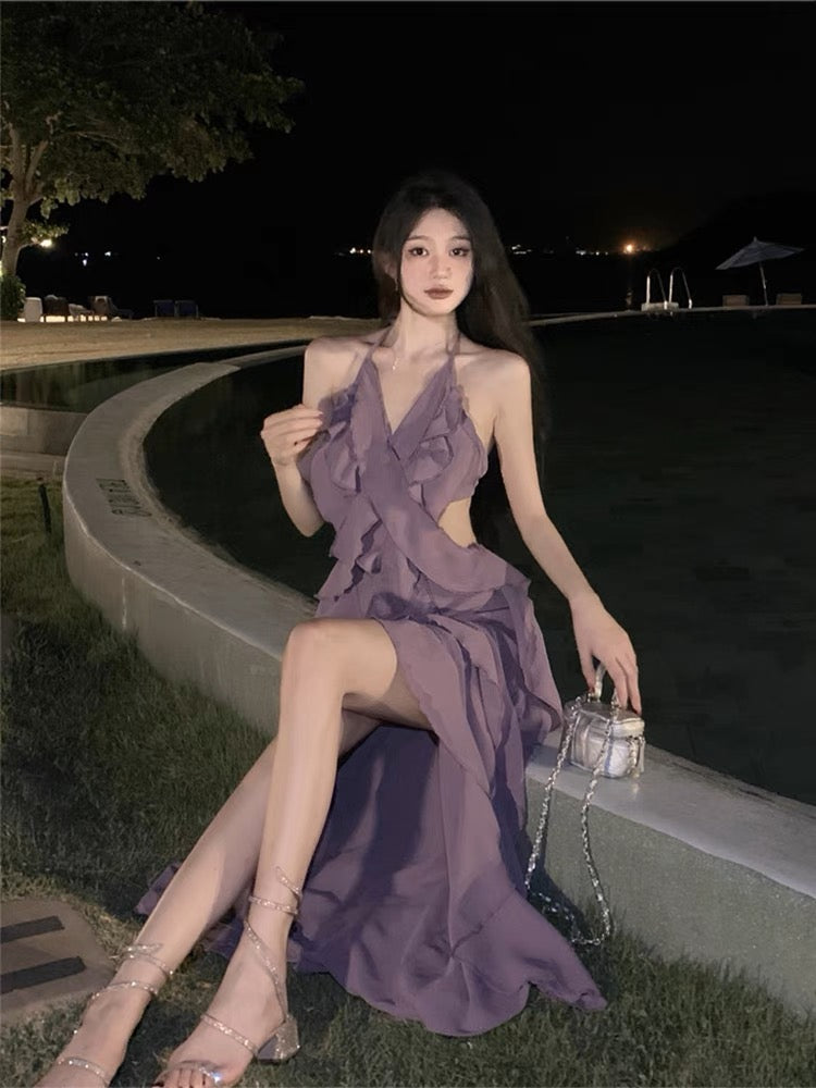 Large size French super fairy purple sling dress female summer ruffled v-neck sexy open back seaside beach dress
