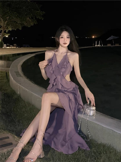 Large size French super fairy purple sling dress female summer ruffled v-neck sexy open back seaside beach dress