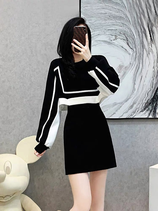 French autumn and winter new women's long-sleeved age-reducing holiday two-piece skirt plus velvet and thickened waist slimming sweatshirt dress D5592
