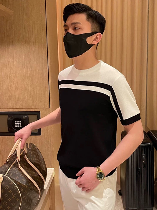 Light mature style men's clothing comfortable and dry knitted short-sleeved men's summer casual simple fashion contrast color slim men's T-shirt