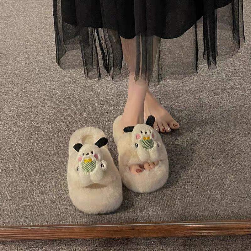 Fashionable and cute cartoon fur slippers for women's outer wear 2023 new autumn ins trendy versatile rabbit fur slippers (S0715)