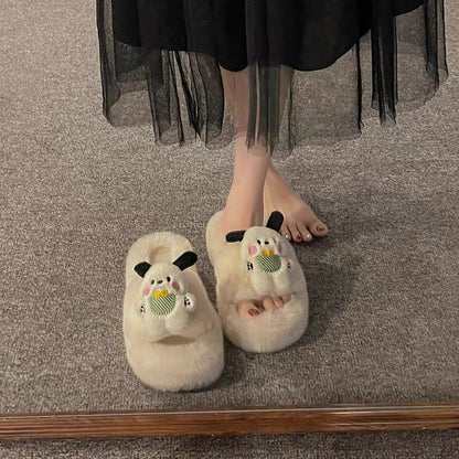 Fashionable and cute cartoon fur slippers for women's outer wear 2023 new autumn ins trendy versatile rabbit fur slippers (S0715)