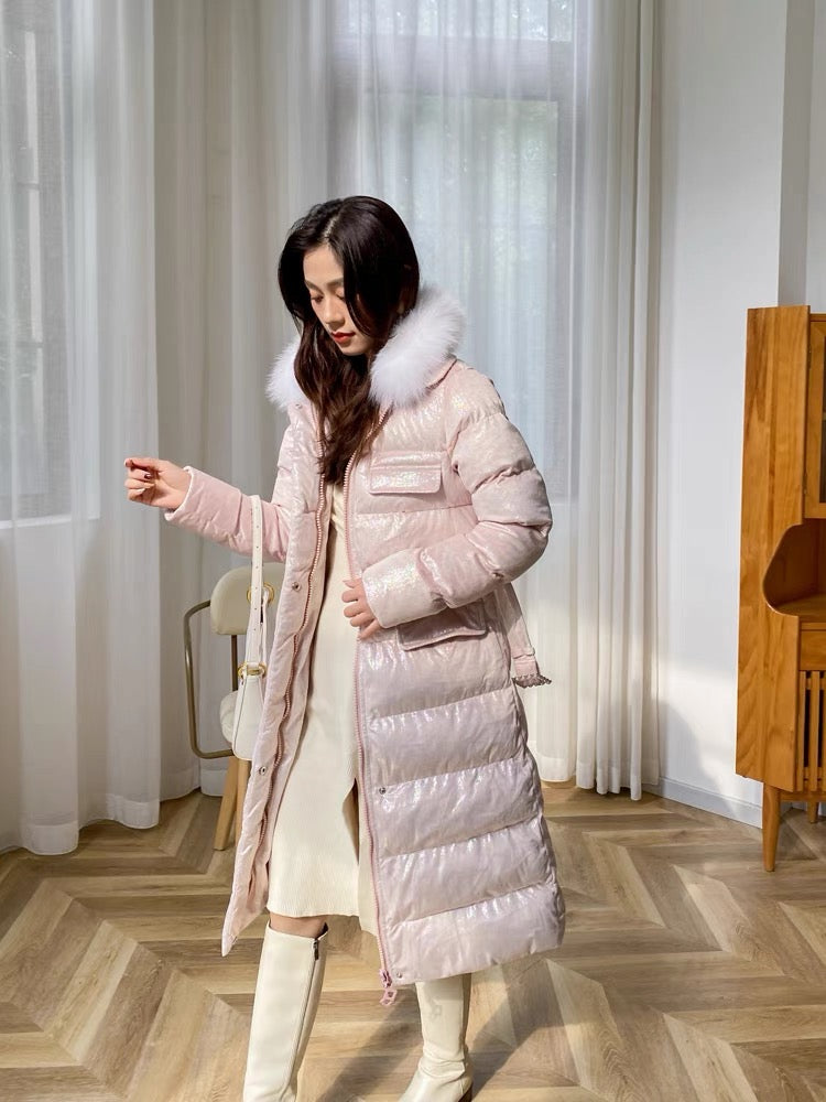 Nori gentle style sweet lady winter down cotton coat women's French retro fox fur collar slim coat