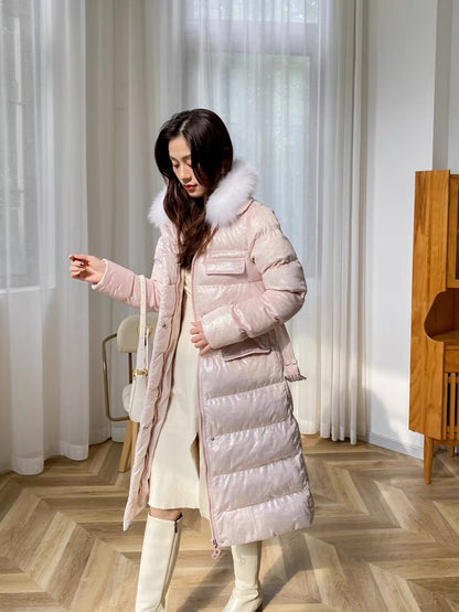 Nori gentle style sweet lady winter down cotton coat women's French retro fox fur collar slim coat