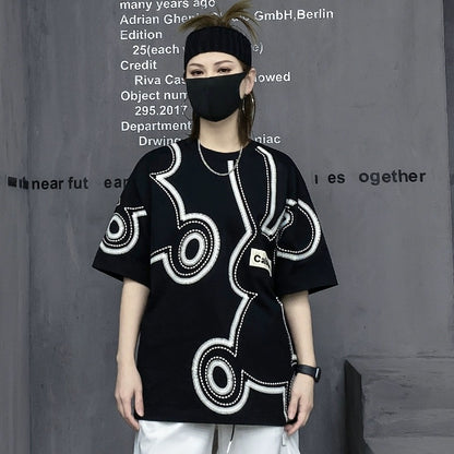 M family fashion brand European station 2023 new summer cartoon rabbit black short-sleeved t-shirt women's loose top ins trend