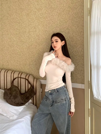 Maomao splicing one-shoulder long-sleeved sweater for women in spring gentle style off-shoulder sweater slim inner layering top