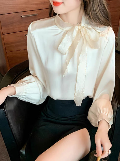French stand-up collar bow tie shirt, feminine high-end shirt, versatile loose long-sleeved chiffon top for autumn (B2317)