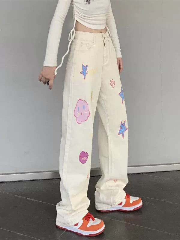 Japanese pink cartoon pattern jeans for women summer straight dopamine wear trousers design niche pants