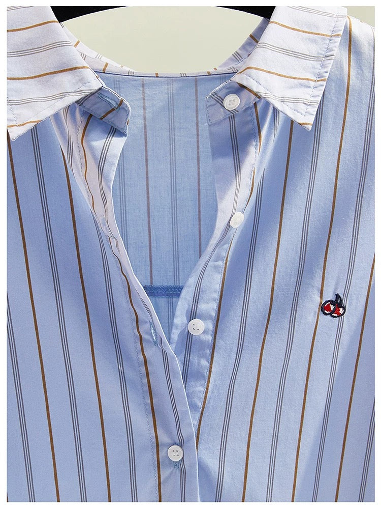 Letter embroidered blue striped shirt for women 2024 spring and summer new Korean loose design button long-sleeved shirt