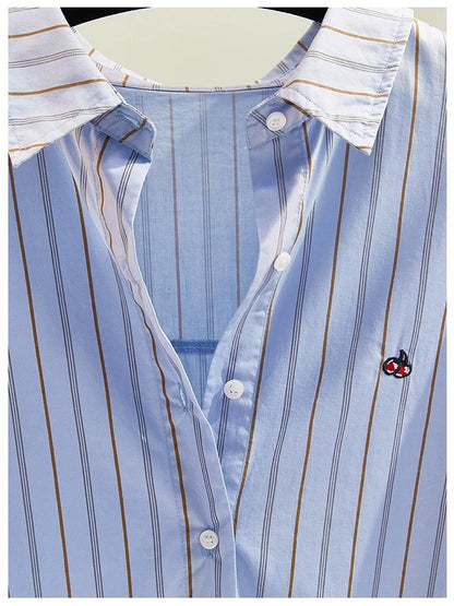 Letter embroidered blue striped shirt for women 2024 spring and summer new Korean loose design button long-sleeved shirt