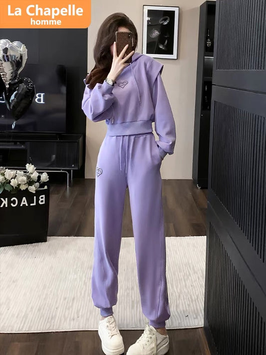 La Chapelle Purple Casual Sports Suit Women's Autumn 2023 New Fashion Style Hooded Sweatshirt Two-piece Set