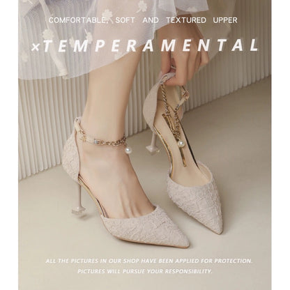 Nude high heels summer stiletto niche design French hollow single shoes pointed toe cap toe one-strap fairy style sandals