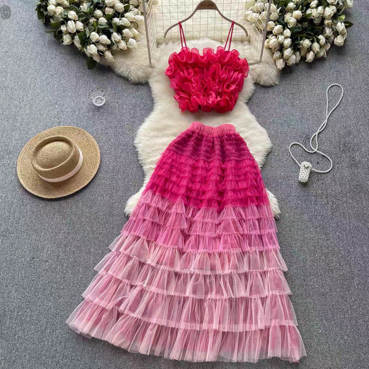 High-end lady suit female three-dimensional flower mesh camisole fairy mesh half-length skirt two-piece set (S0983)