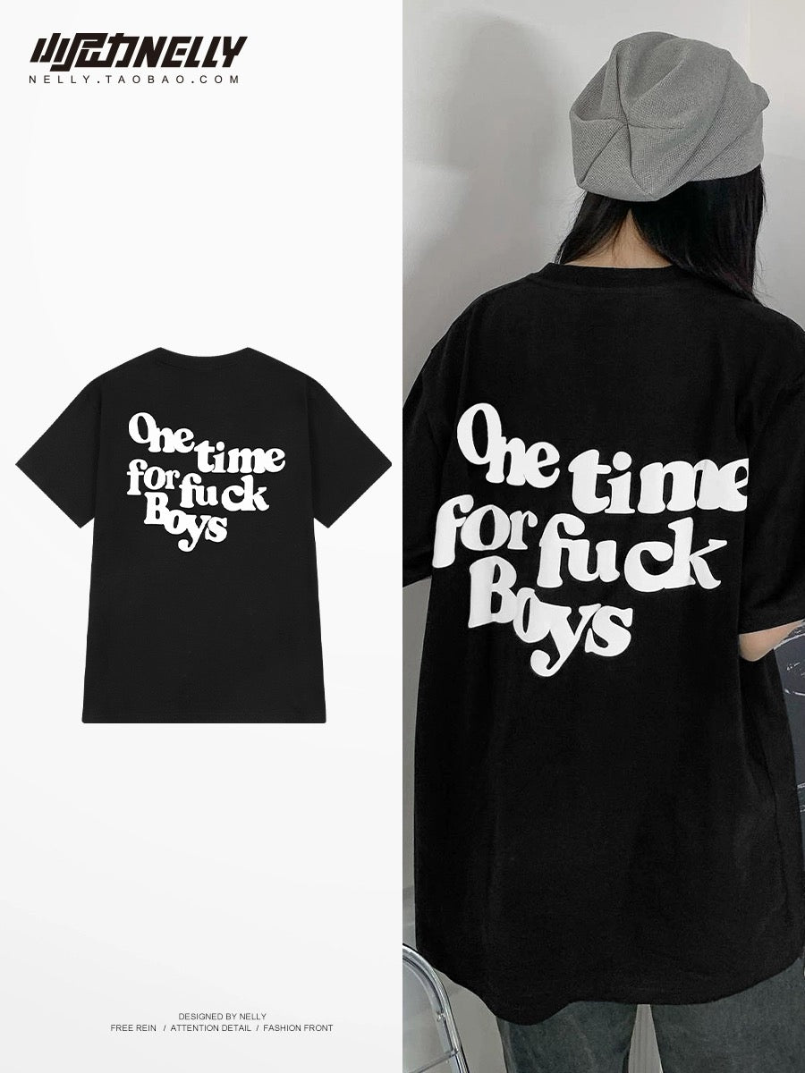 National tide letter print short-sleeved T-shirt men and women summer loose heavy couple national tide brand couple tops half-sleeved TEE