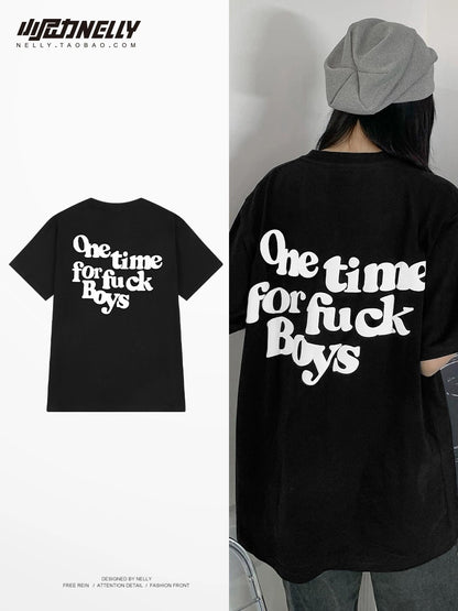 National tide letter print short-sleeved T-shirt men and women summer loose heavy couple national tide brand couple tops half-sleeved TEE
