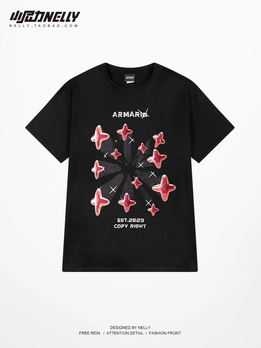 National trend high street four-pointed star print short-sleeved T-shirt men and women pure cotton summer American loose ins trendy couple half-sleeve
