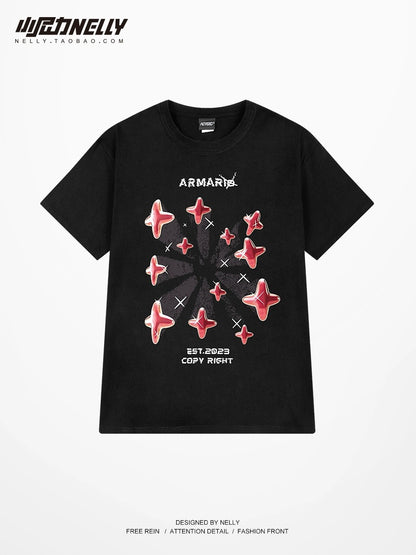 National trend high street four-pointed star print short-sleeved T-shirt men and women pure cotton summer American loose ins trendy couple half-sleeve