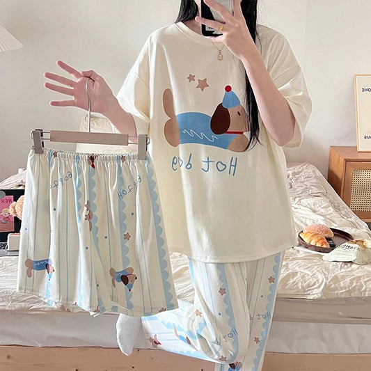 Pajamas women's short-sleeved trousers summer cotton thin junior high school students 13 girls big children cartoon cute three-piece set