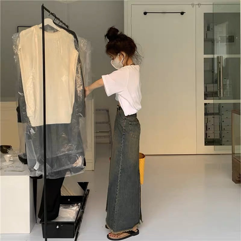 PPHOME movie heroine ~ Retro niche old raw edge high waist slimming loose fishtail denim skirt