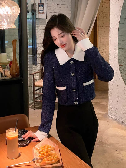 Very heavy duty ~ French style small fragrance contrasting sequined knitted jacket skirt suit women's new autumn and winter 2023 clothing S190