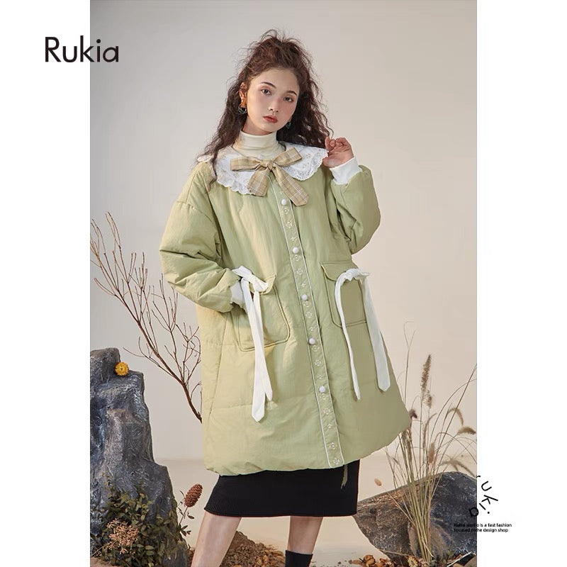RUKIA/Green Winter Cotton Clothes Women's Design Niche Mid-Length Loose Korean Style Gentle Wear Trendy Winter Clothes V1156