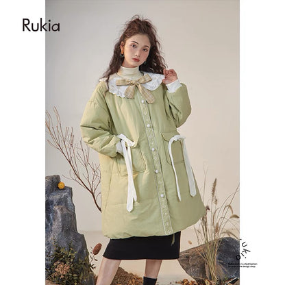 RUKIA/Green Winter Cotton Clothes Women's Design Niche Mid-Length Loose Korean Style Gentle Wear Trendy Winter Clothes V1156