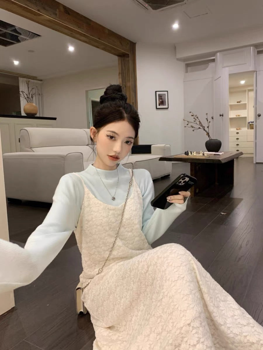 kumikumi gentle style suit apricot lace suspender dress women's autumn half turtleneck sweater two-piece set