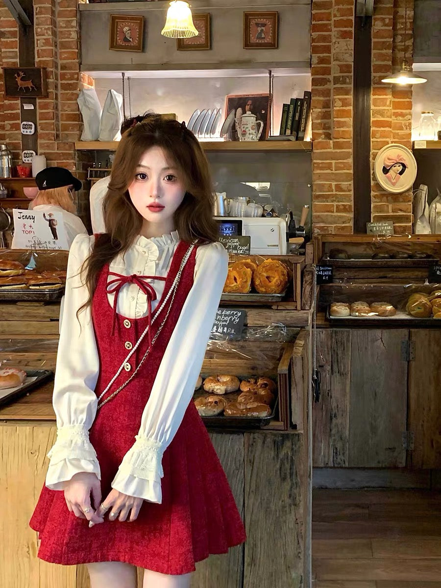 Q Girl's Black Tea Rum/Red Brushed Small Fragrance Style Suspender Dress Autumn and Winter French Retro Short Skirt