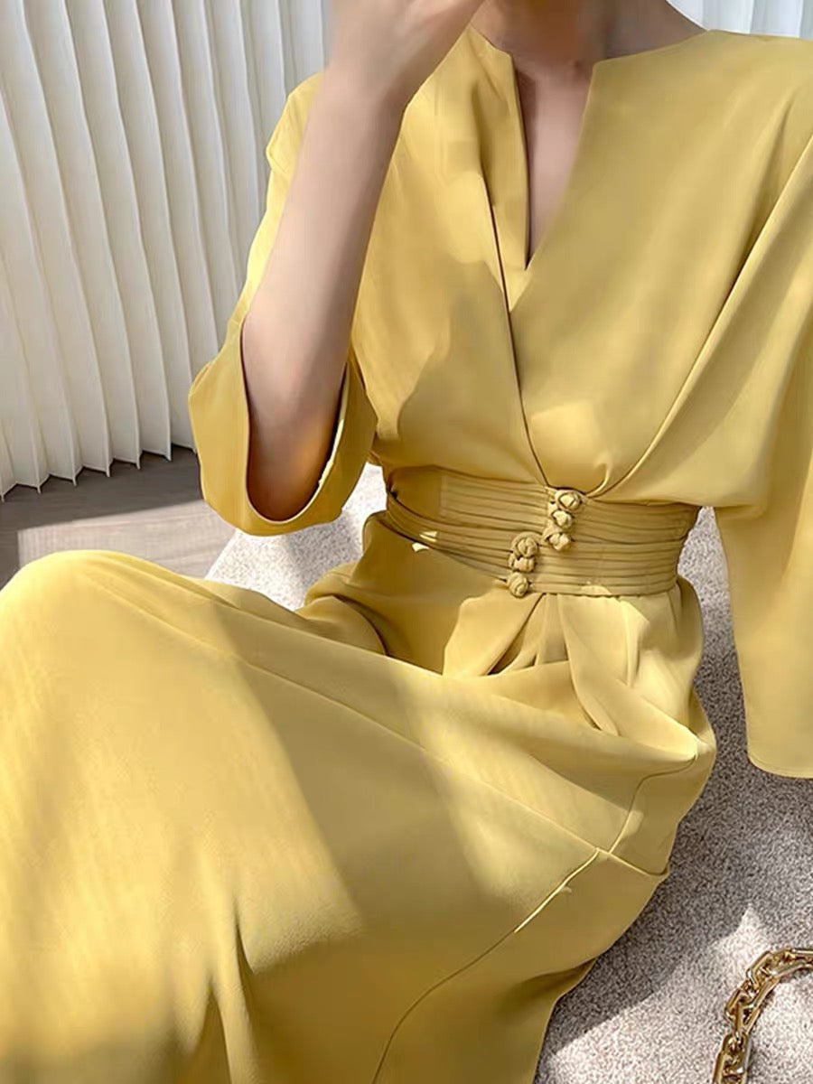 2023 Spring and Autumn French High-Quality Waist Retro Button Dress Light Sophistication Style Goddess Style Satin Skirt