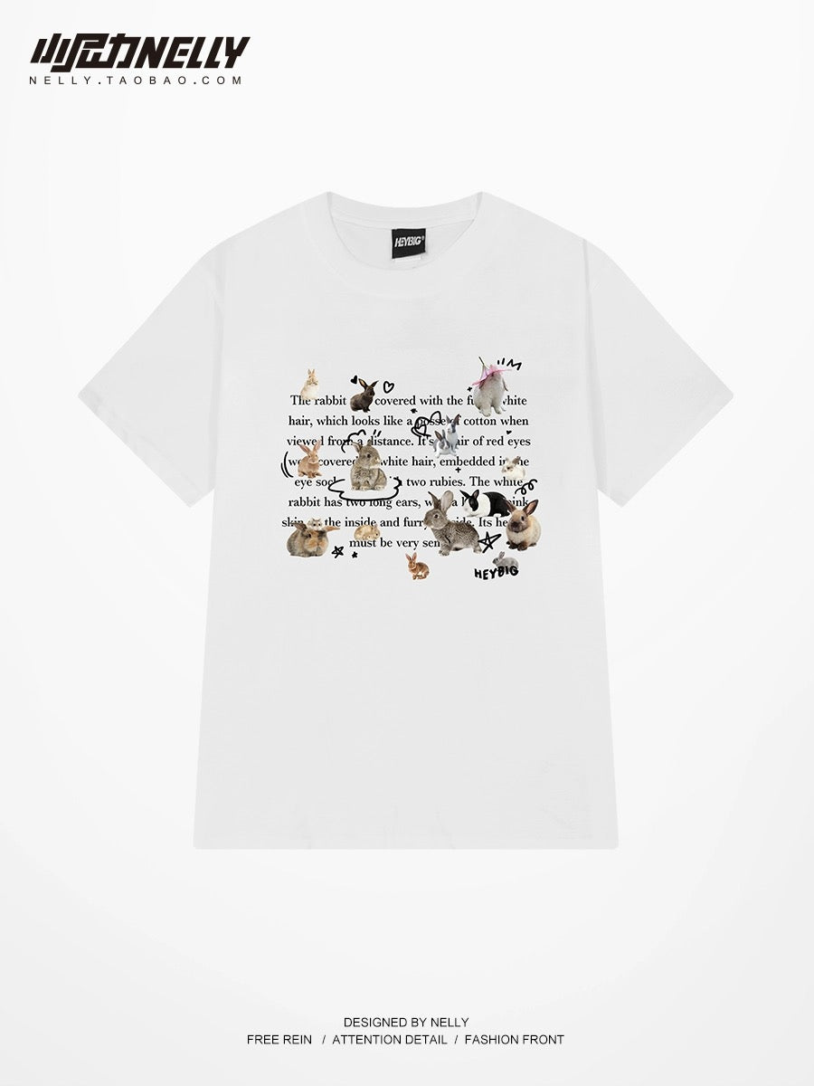 Fashion brand letter rabbit print short-sleeved T-shirt for men and women, same style, pure cotton, loose round neck, half sleeves, popular online versatile top