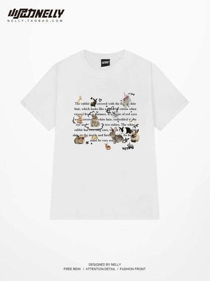 Fashion brand letter rabbit print short-sleeved T-shirt for men and women, same style, pure cotton, loose round neck, half sleeves, popular online versatile top