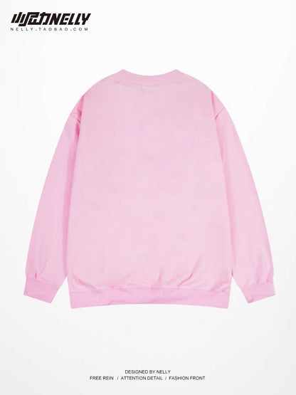 Rabbit sweatshirt men's spring and autumn American heavy pullover pink long-sleeved T-shirt trendy brand large size loose couple clothes