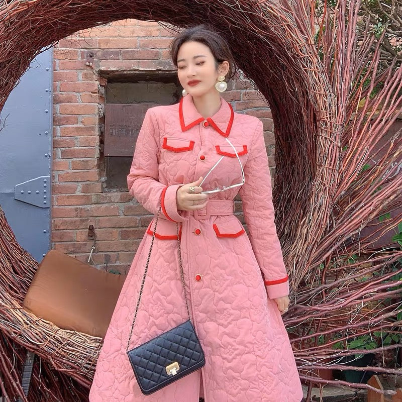 Autumn and winter light cotton over-the-knee coat for women, Korean style cotton jacket, mid-length, contrasting color embossed waist, A-line cotton skirt