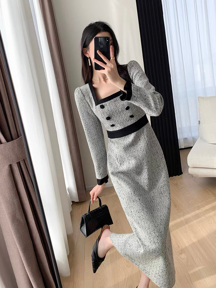 FT GUOGE small fragrant dress for women 2023 autumn new long-sleeved French retro slim square neck long skirt