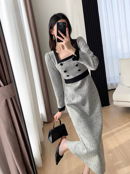FT GUOGE small fragrant dress for women 2023 autumn new long-sleeved French retro slim square neck long skirt