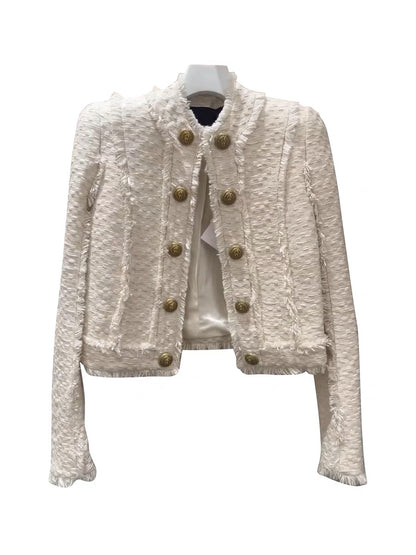 French ladylike temperament short coat for women 2023 spring new style light mature style double-breasted tweed small fragrant style top