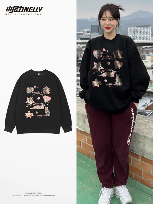Retro plus velvet winter cat and dog sweatshirts for men and women trendy brand ins round neck couple oversize American jacket