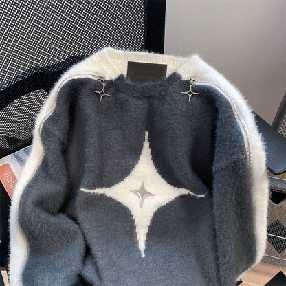 American retro stitching contrast color star zipper off-shoulder sweater for men and women autumn and winter lazy style mohair knitted jacket