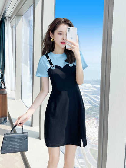 Blue casual petite dress summer women's clothing 2024 new fake two-piece temperament slim skirt female summer