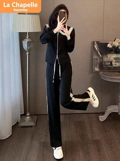La Chapelle French Navy Collar Casual Sports Suit Women's Autumn 2023 New Small Fragrance Style Wide-Leg Pants Two-piece Set