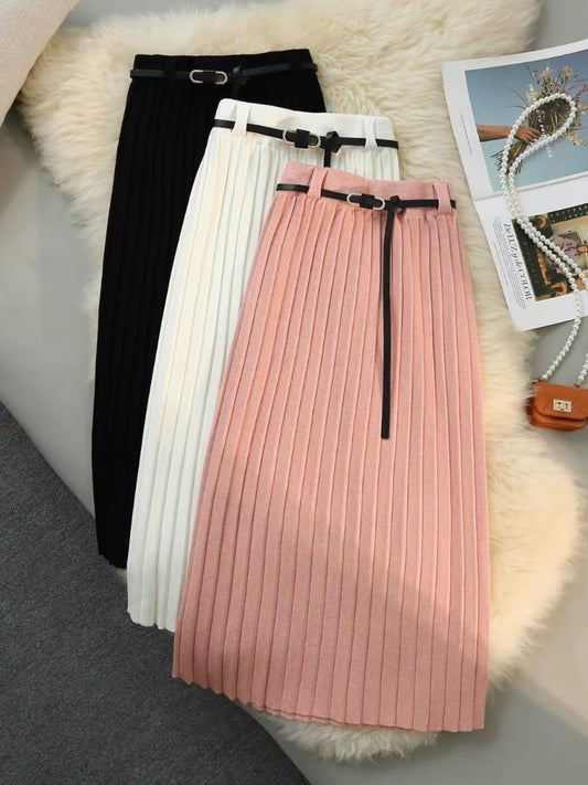 New belt design niche knitted skirt for women autumn and winter slimming pleated mid-length versatile high-waisted A-line skirt