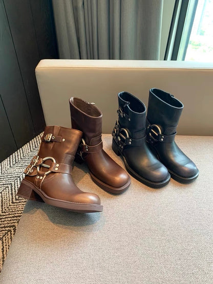 Boots for Women 2023 Autumn New European and American Style Retro Belt Buckle Genuine Leather Sleeves Thick Heel Short Boots Women's Rider Boots