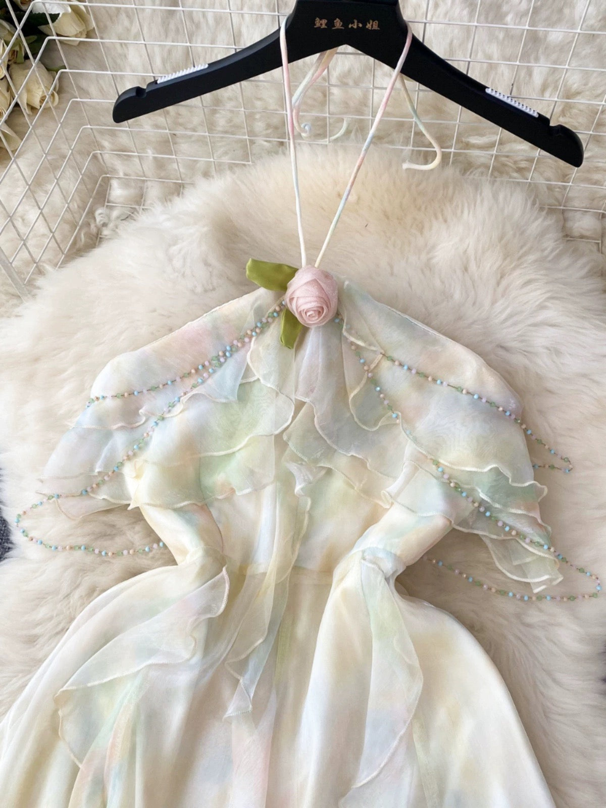 Retro atmosphere halter neck suspender dress for women, mesh ruffles, sweet and pure design, niche fairy dress