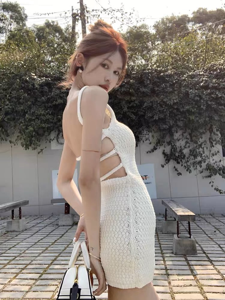 French sexy backless white knitted suspender dress female summer slim sweet hot girl vest bag hip short skirt